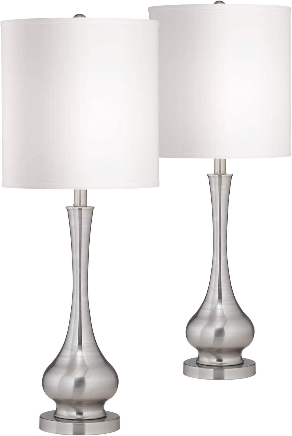 Possini Euro Design 32" Tall Gourd Large Modern End Table Lamps Set of 2 Silver Brushed Steel Finish Metal White Shade Living Room Bedroom Bedside