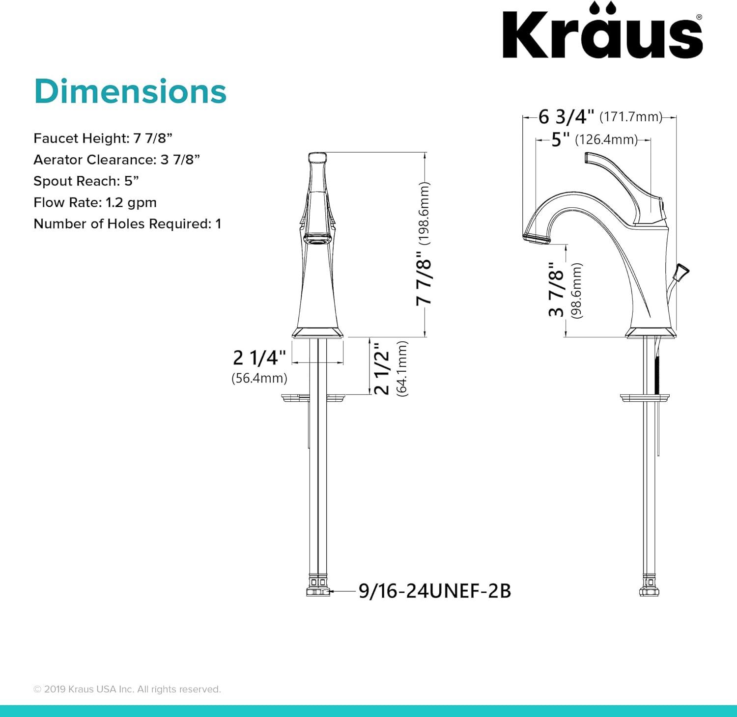 Kraus Arlo Single Hole 1-Handle WaterSense Bathroom Sink Faucet with Drain and Deck Plate