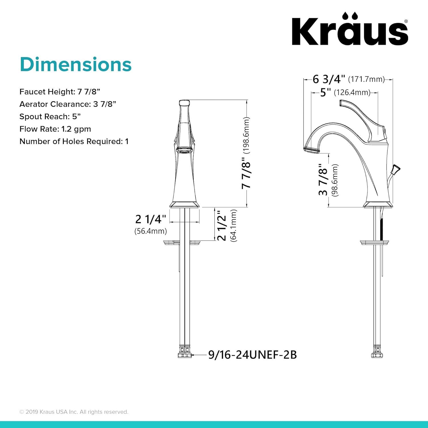 Kraus Arlo Single Hole 1-Handle WaterSense Bathroom Sink Faucet with Drain and Deck Plate