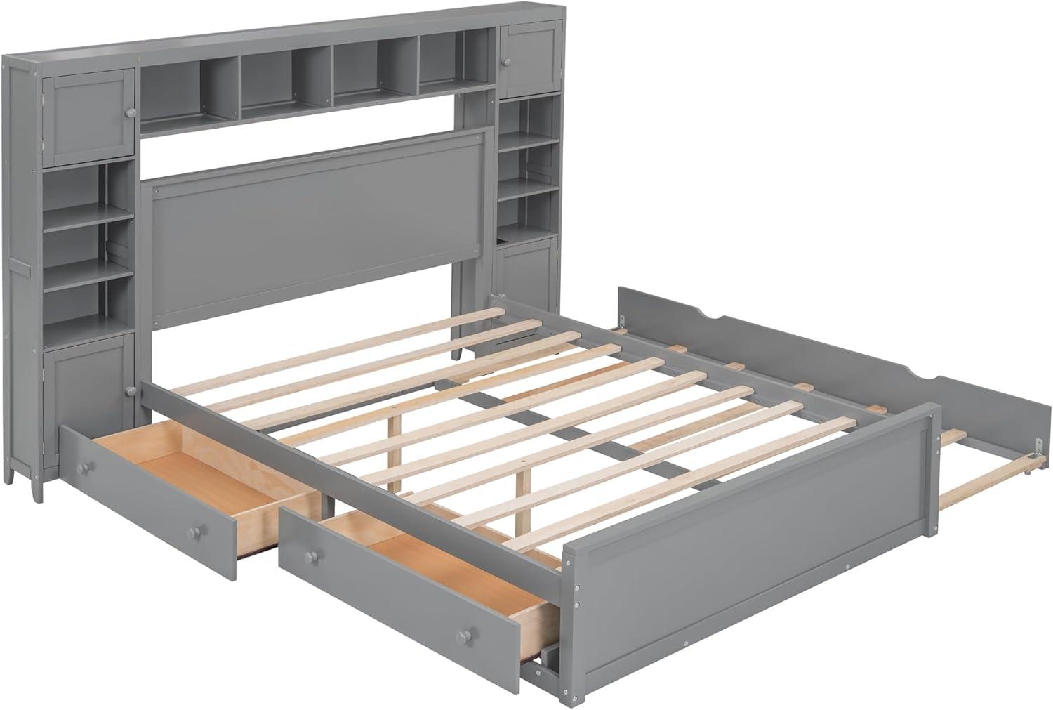 MODERNLUXE Queen Size Bed Frame with Trundle,Solid Wood Platform Bed with 10 Shelves,2 Storage Drawers,4 Cabinets,Charging Station and Bookcase Headboard,No Box Spring Needed/Noise Free,Gray