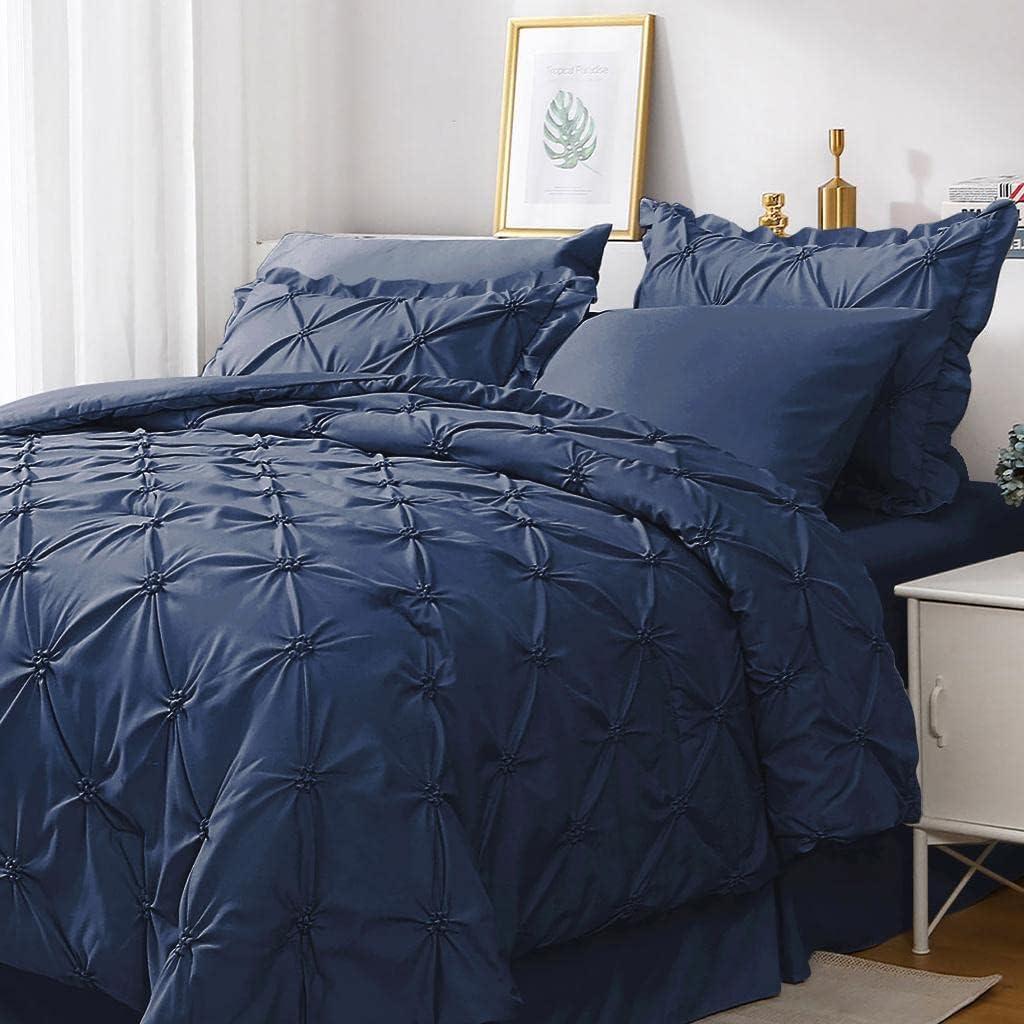 Virtu Queen Comforter Set, 7pc Bed in a Bag, Pleated Bedding Comforter Sets with Sheets, Navy