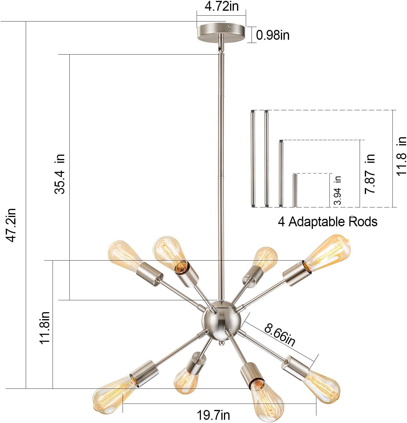 Sputnik Chandelier 8 Lights Brushed Nickel Modern Pendant Lighting Mid Century Flush Mount Ceiling Light Fixture Adjustable Height for Kitchen Dining Room Living Room Bedroom Foyer