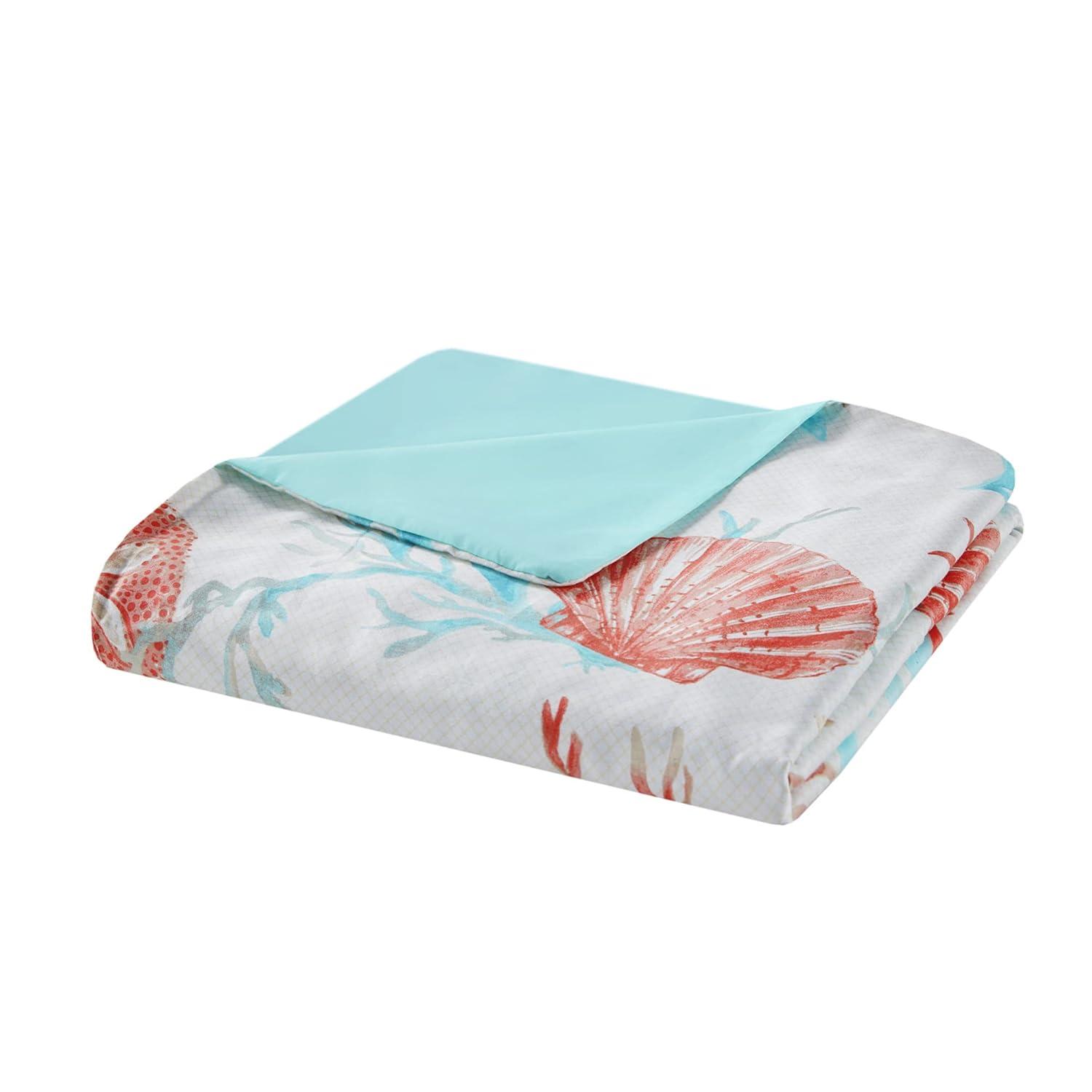 Coral and Teal Coastal Cotton Duvet Cover Set, Full/Queen, 6 Pieces