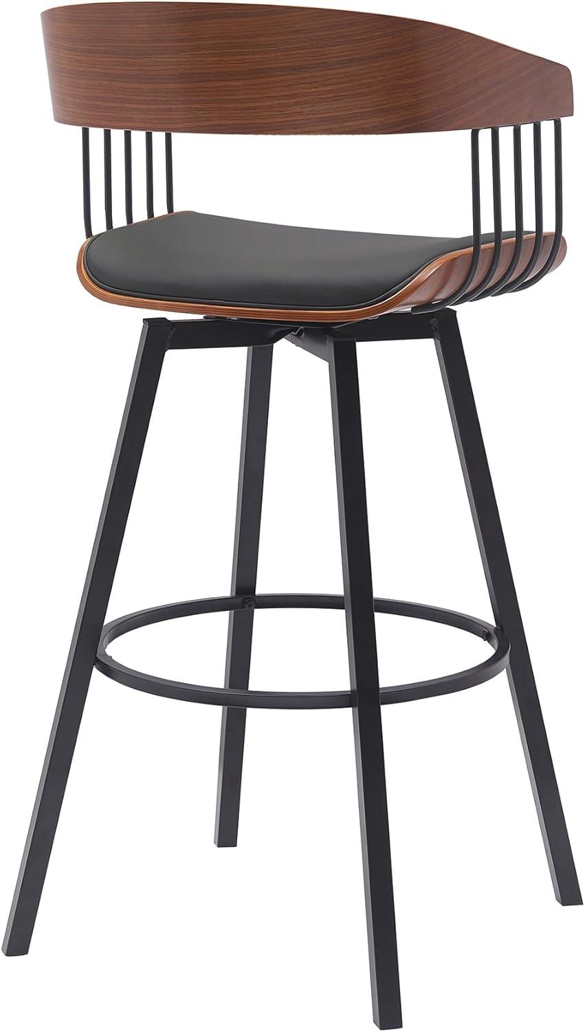 Armen Living Indoor Athena 31" Swivel Walnut Wood Bar Stool in Black Faux Leather with Black Metal