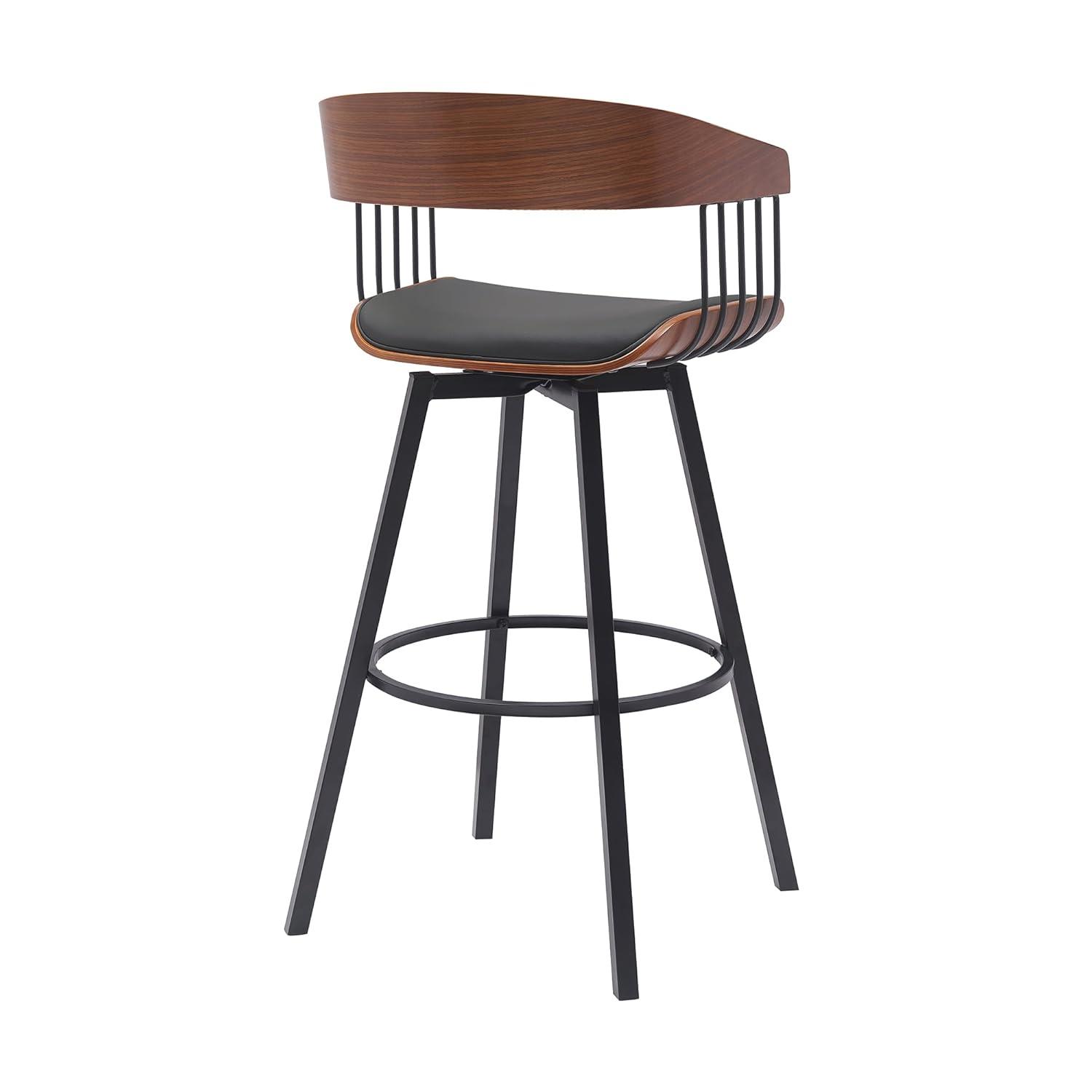 Armen Living Indoor Athena 31" Swivel Walnut Wood Bar Stool in Black Faux Leather with Black Metal