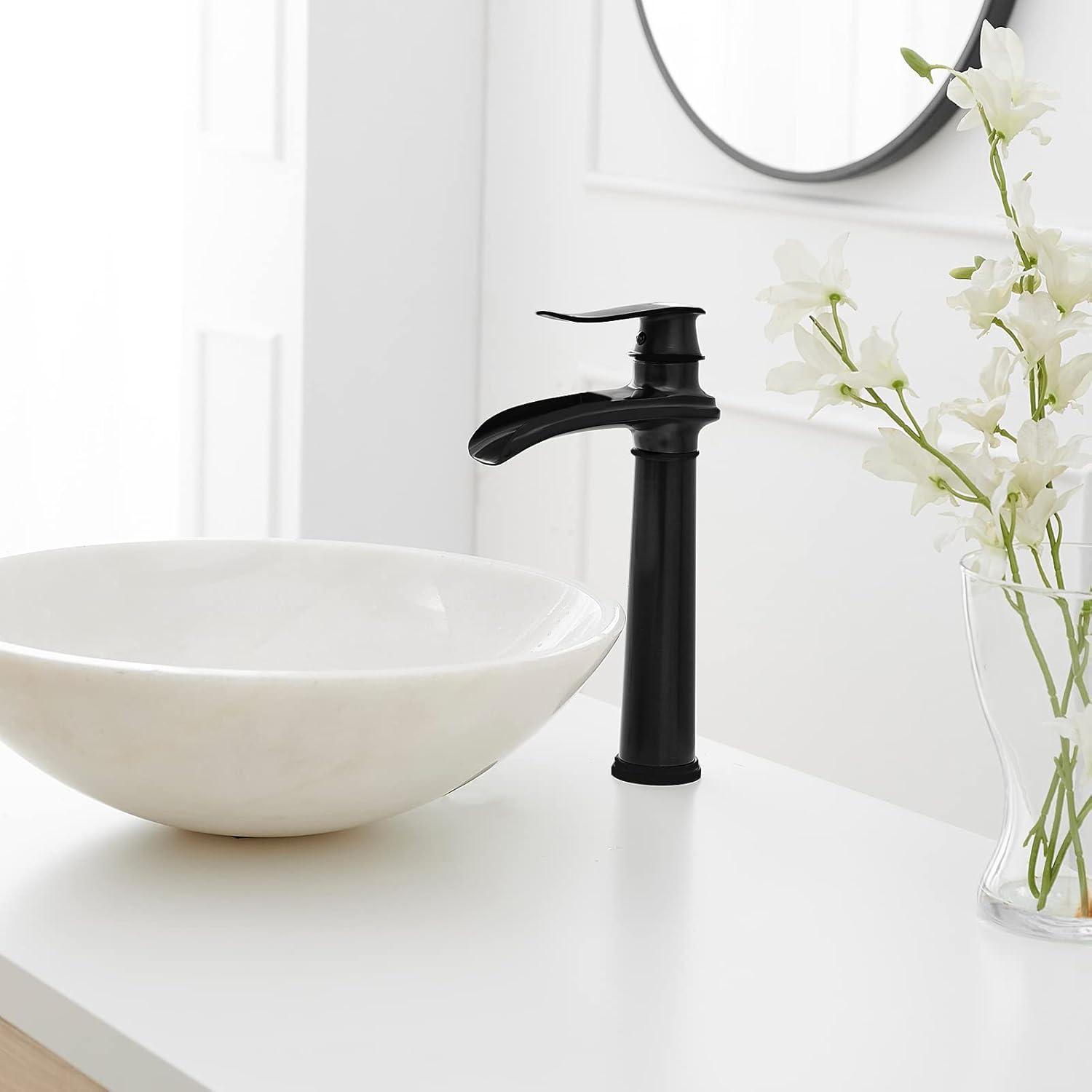 Matte Black Brass Waterfall Vessel Sink Faucet with Pop-Up Drain