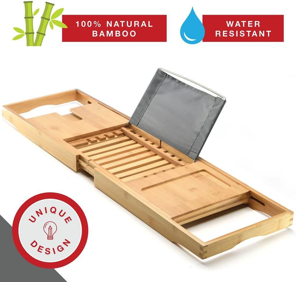 Luxury Foldable Bathtub Tray Caddy - Waterproof Wooden Bath Organizer for Wine, Book, Soap, Phone - Expandable Size Fits Most Tubs