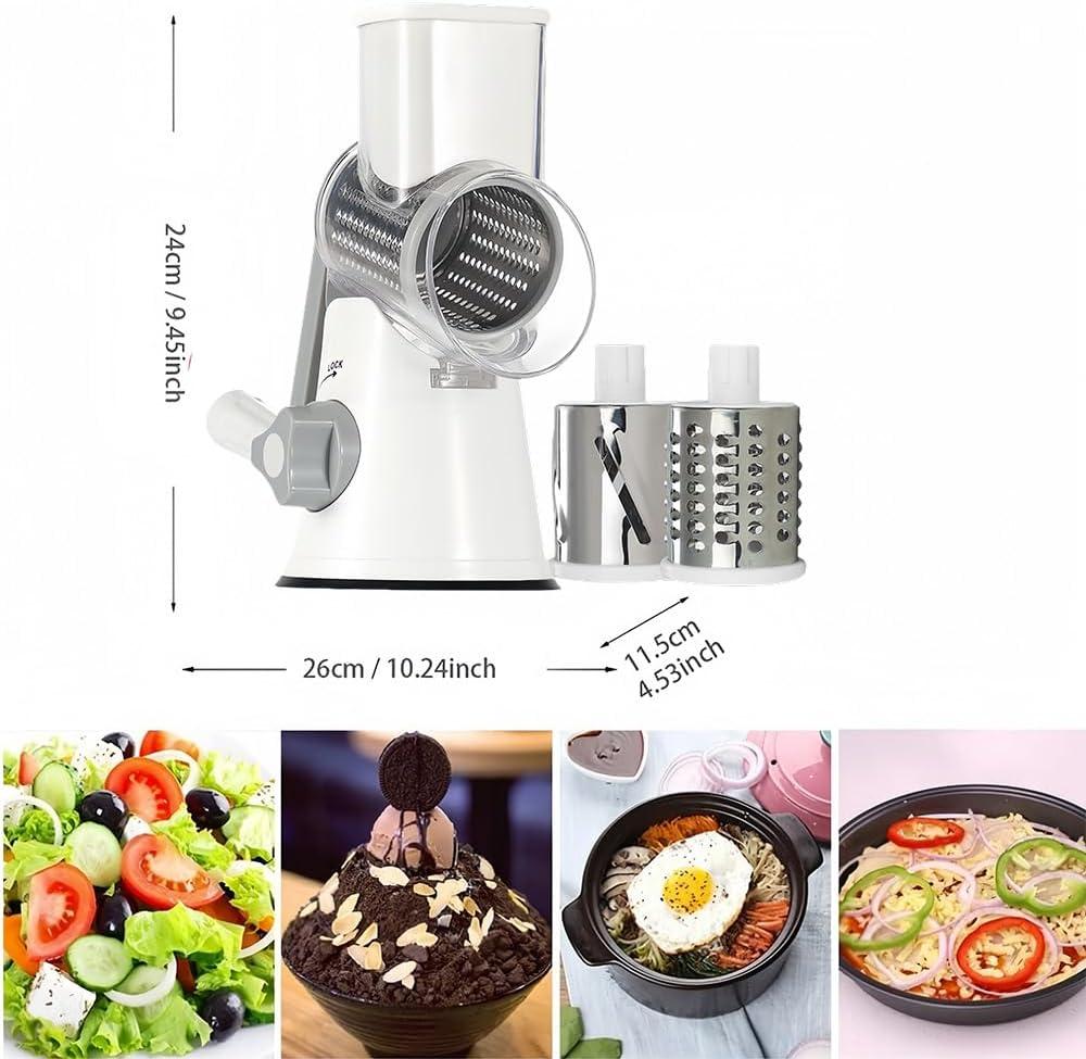 Rotary Cheese Grater Cheese Shredder - Kitchen Manual Cheese Grater with Handle Vegetable Slicer Nuts Grinder 3 Replaceable Drum Blades and Strong Suction Base Free Cleaning Brush