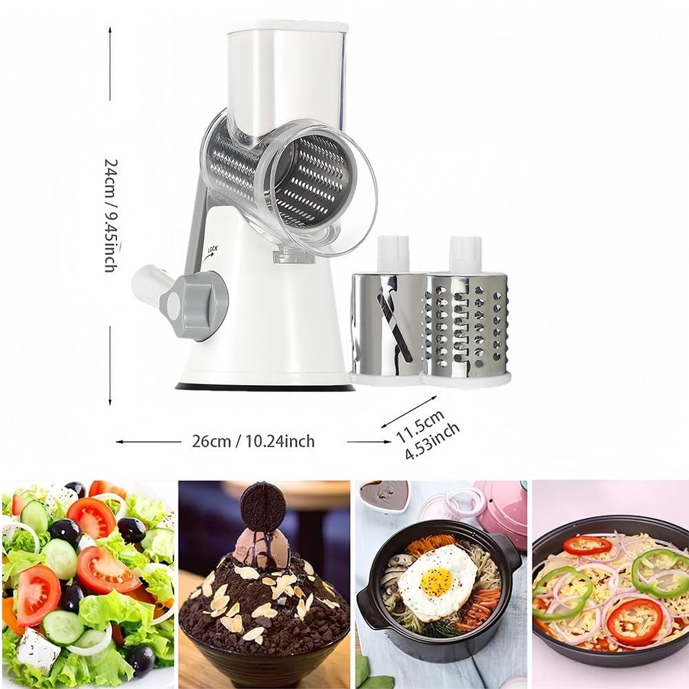 Rotary Cheese Grater Cheese Shredder - Kitchen Manual Cheese Grater with Handle Vegetable Slicer Nuts Grinder 3 Replaceable Drum Blades and Strong Suction Base Free Cleaning Brush