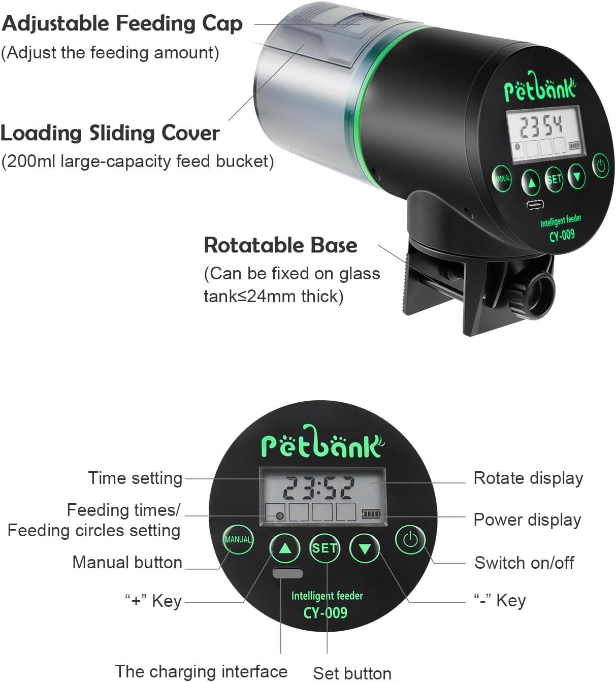 Petbank Automatic Fish Feeder for Aquarium, Auto Fish Food Dispenser with Timer, USB Charging, Green