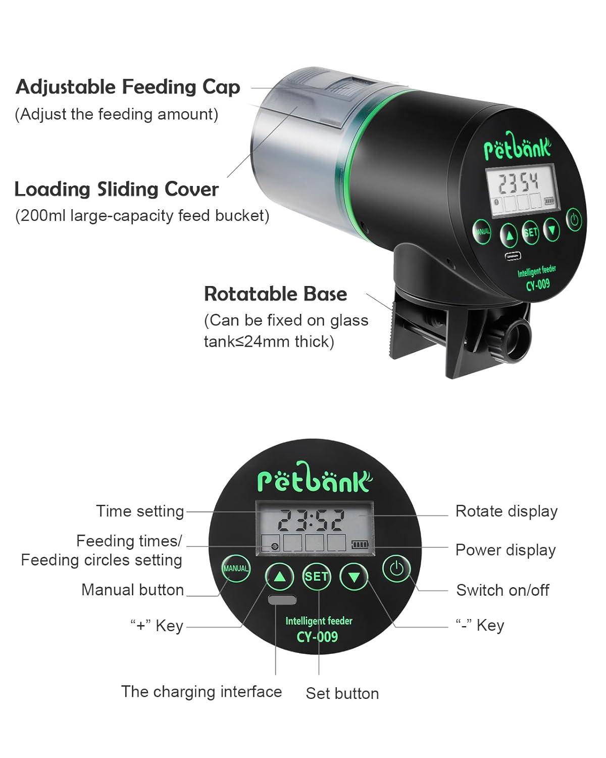 Petbank Automatic Fish Feeder for Aquarium, Auto Fish Food Dispenser with Timer, USB Charging, Green