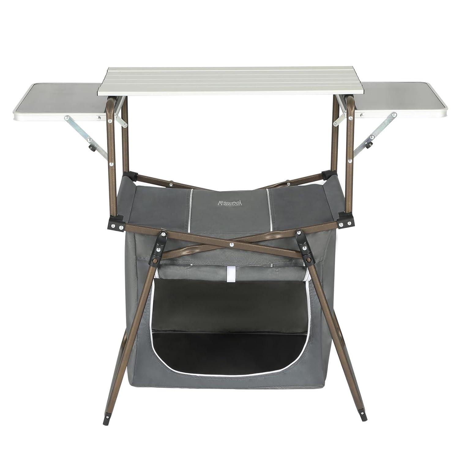 TIMBER RIDGE Folding Camping Kitchen Table – Lightweight Aluminum Cook Station with Storage & Carry Bag, Portable BBQ Grill Table, Gray.