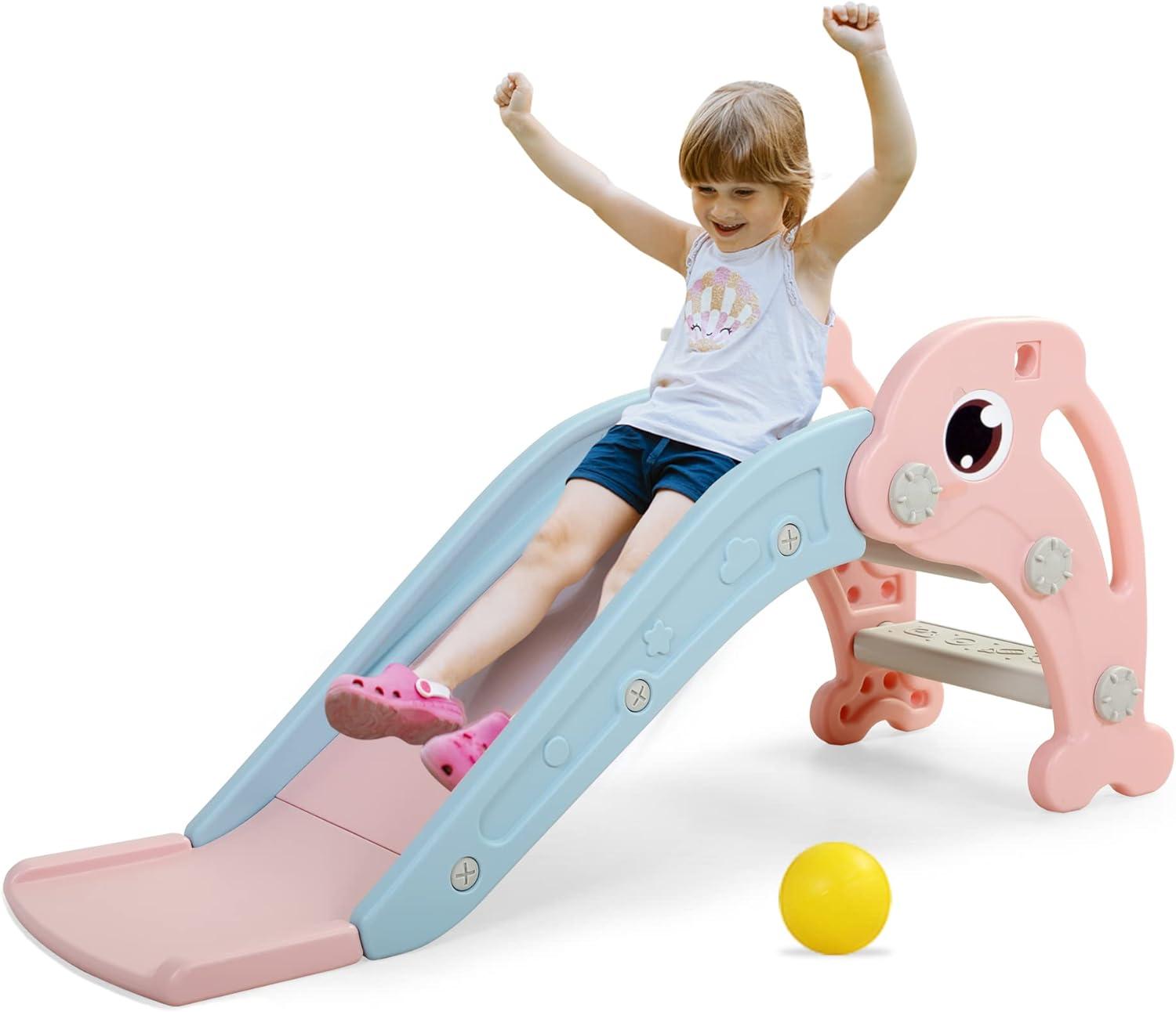 Pink Dolphin-Themed Toddler Slide with Basketball Hoop