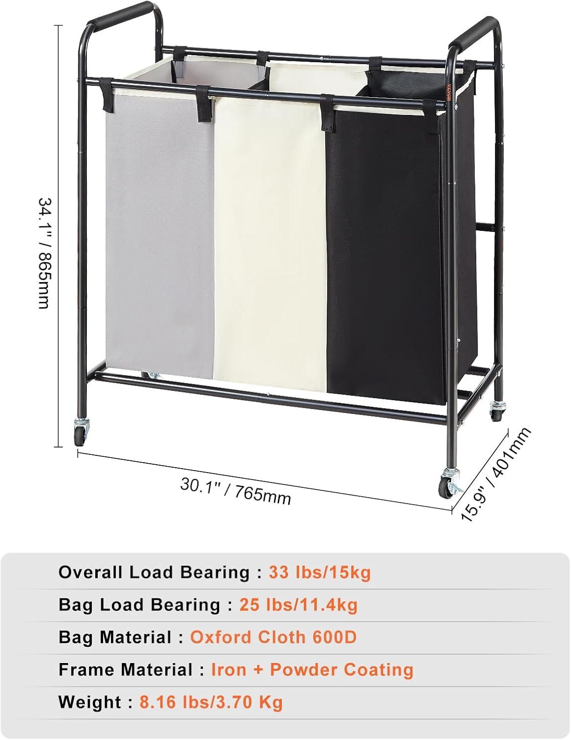 VEVOR 3-Section Laundry Basket, Heavy Duty Laundry Hamper Storage Organizer, Laundry Sorter Cart with Heavy Duty Lockable Wheels for Dirty Clothes in Laundry Room Bedroom