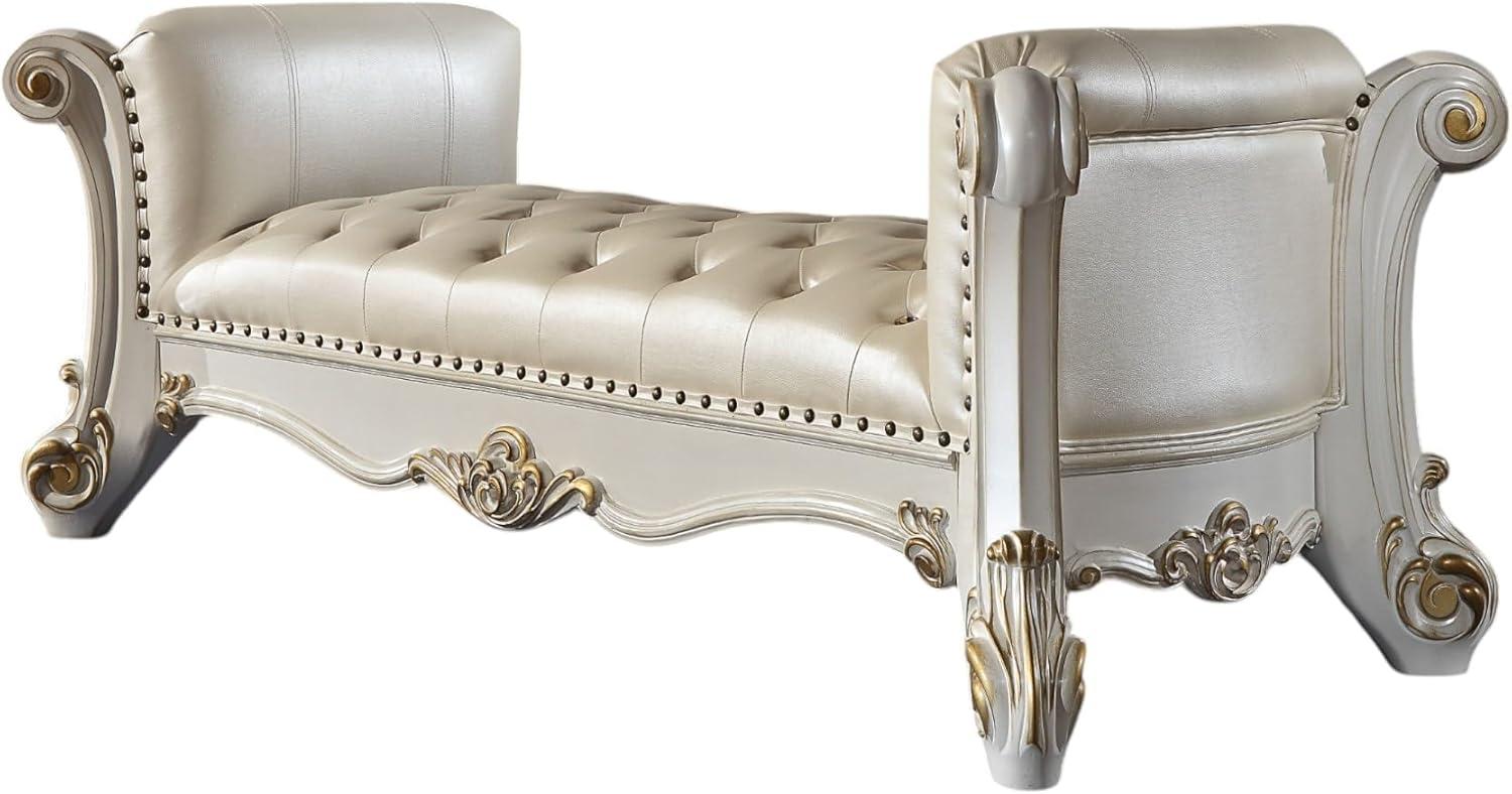 Acme Furniture 74" Vendome Ottoman and Bench Pearl Synthetic Leather and Antique Pearl Finish: Linen Upholstery, Metal Legs, No Tools Assembly