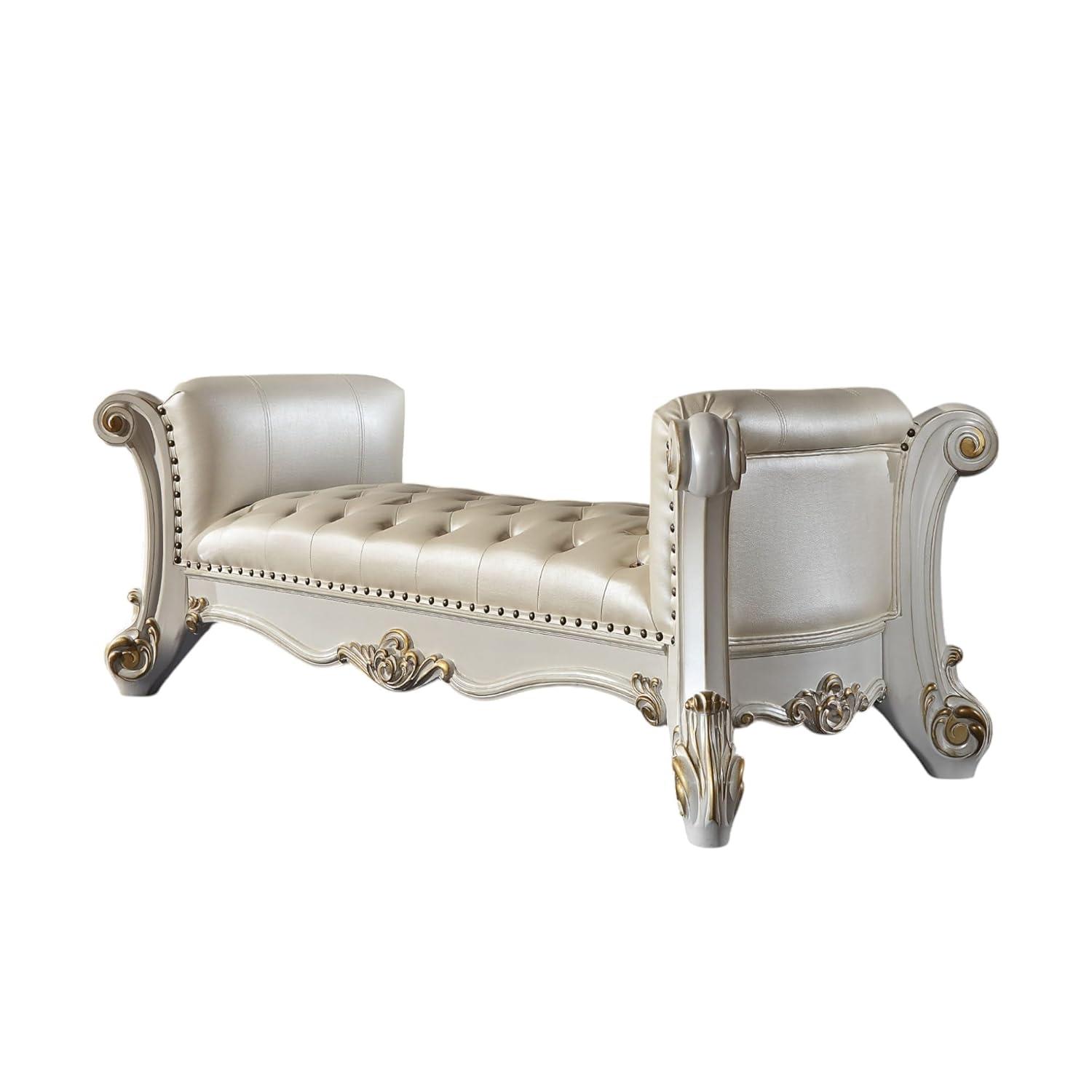 Acme Furniture 74" Vendome Ottoman and Bench Pearl Synthetic Leather and Antique Pearl Finish: Linen Upholstery, Metal Legs, No Tools Assembly