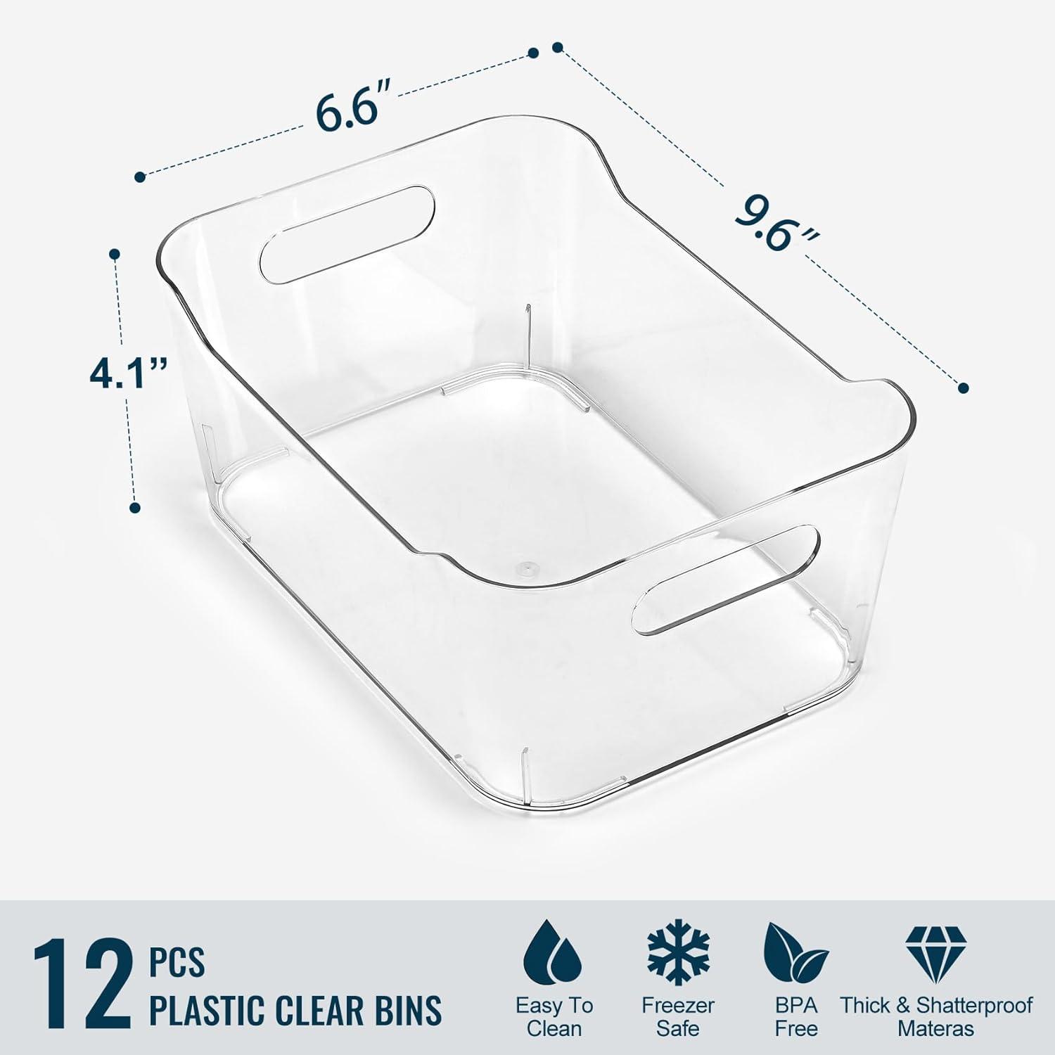 12 PACK Multi-Use Clear Plastic Storage Bins for Organizing w/ Labels - Home, Kitchen, Bathroom, Office, Pantry Cabinet Shelf Organizer Bins - SOHO Collection, RV, Fridge Organization Containers