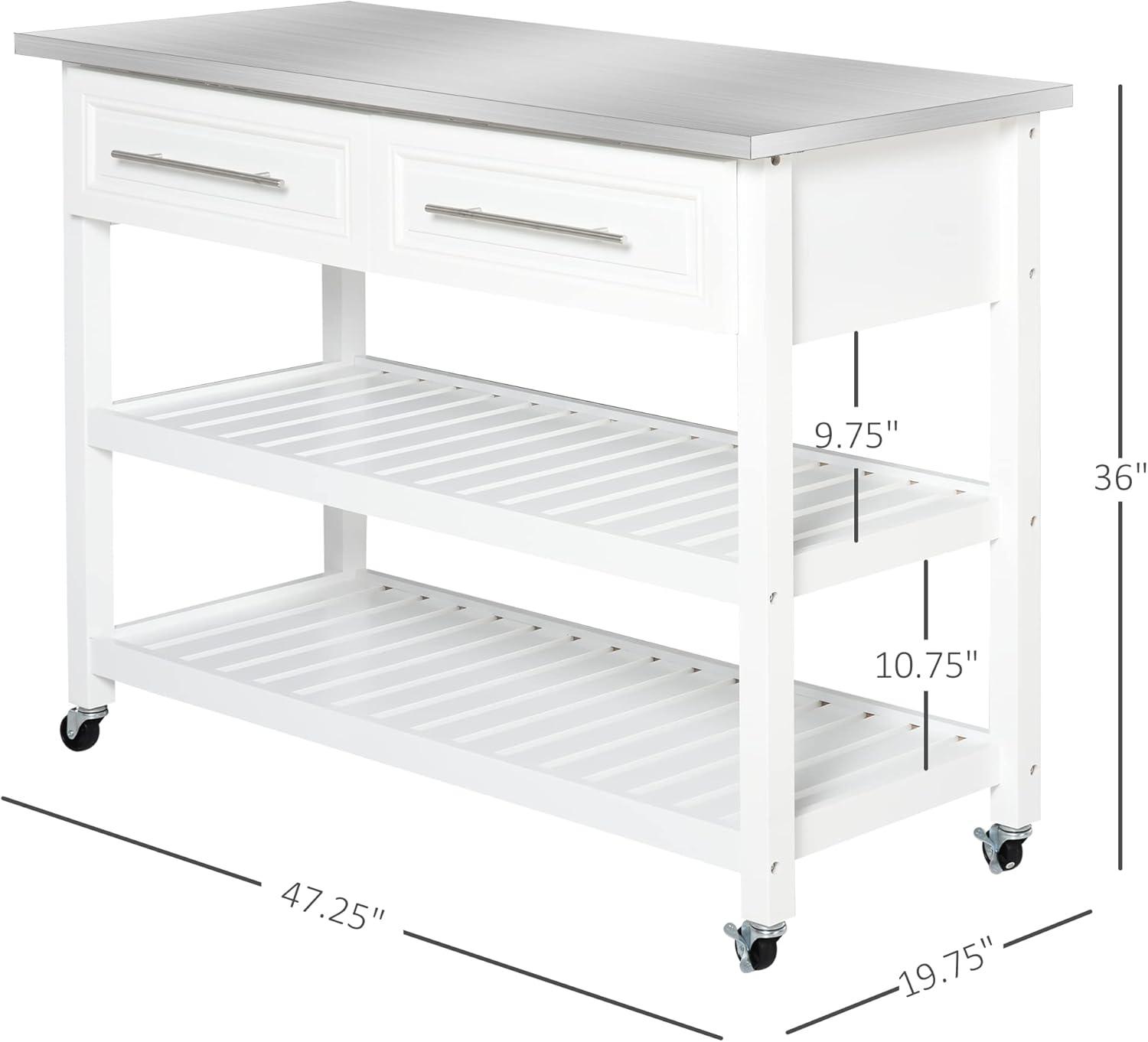 HOMCOM Kitchen Island with Stainless Steel Top, Traditional Kitchen Island with Storage, 2-Tier Open Shelves, Drawers