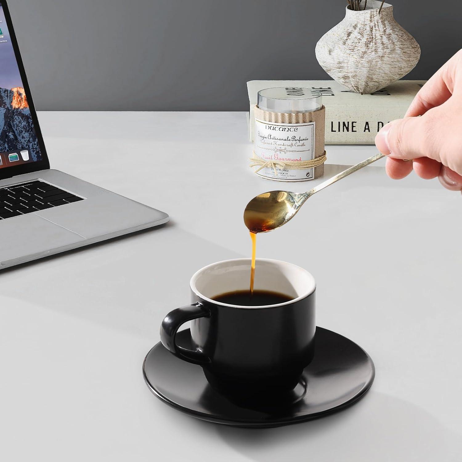 Black Porcelain Espresso Cups with Gold Spoons and Stand Set