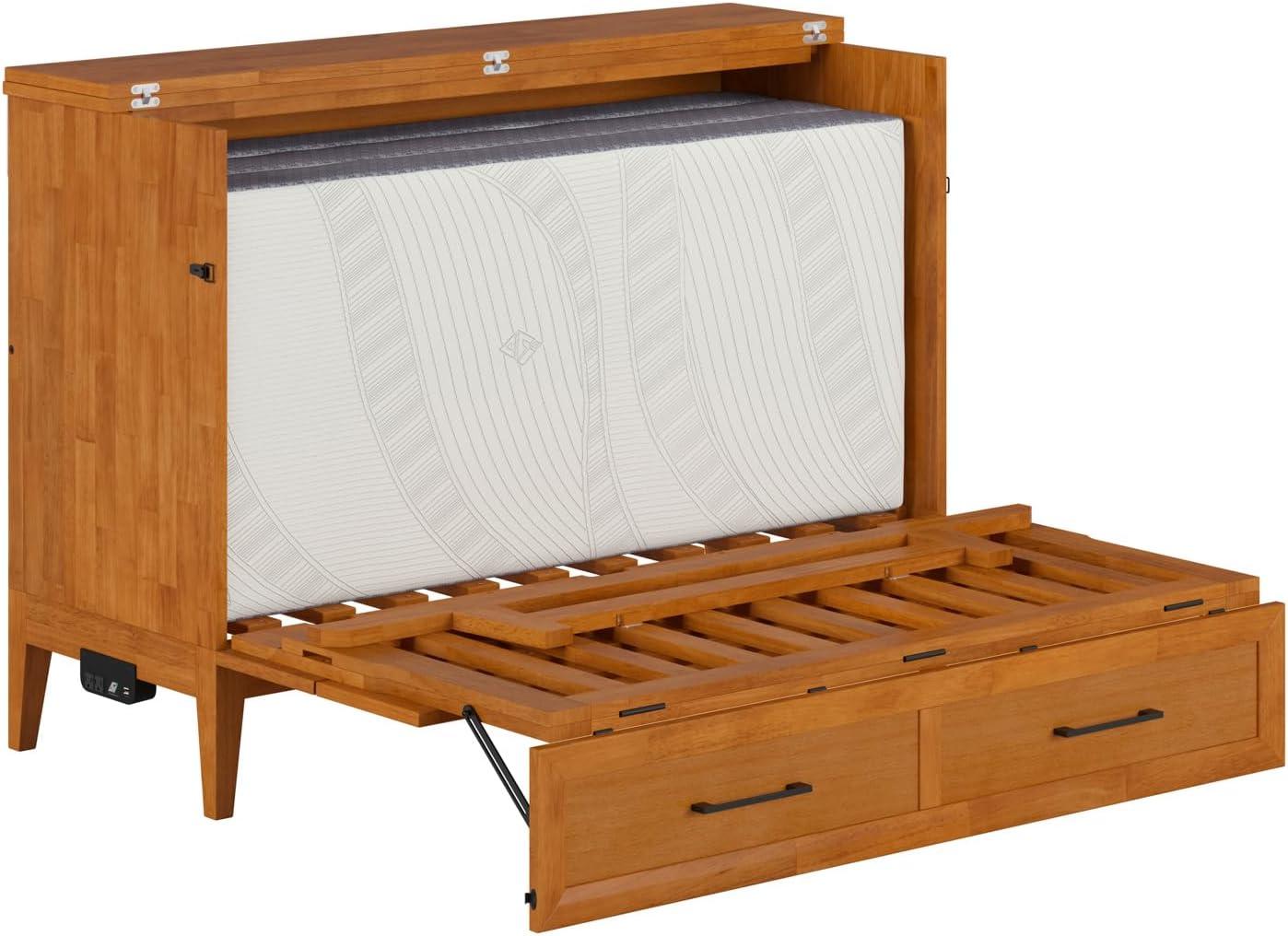 AFI Santa Fe Full Wood Murphy Bed Chest with Mattress and Built-in Charger, Light Toffee