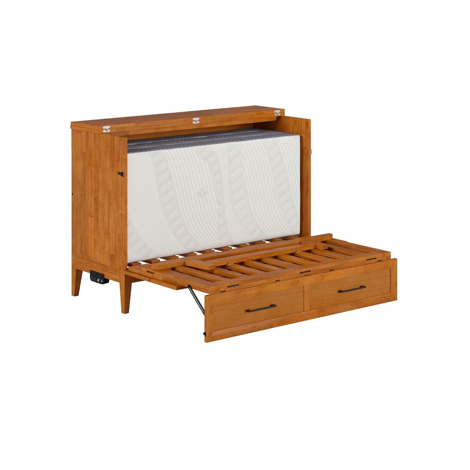AFI Santa Fe Full Wood Murphy Bed Chest with Mattress and Built-in Charger, Light Toffee