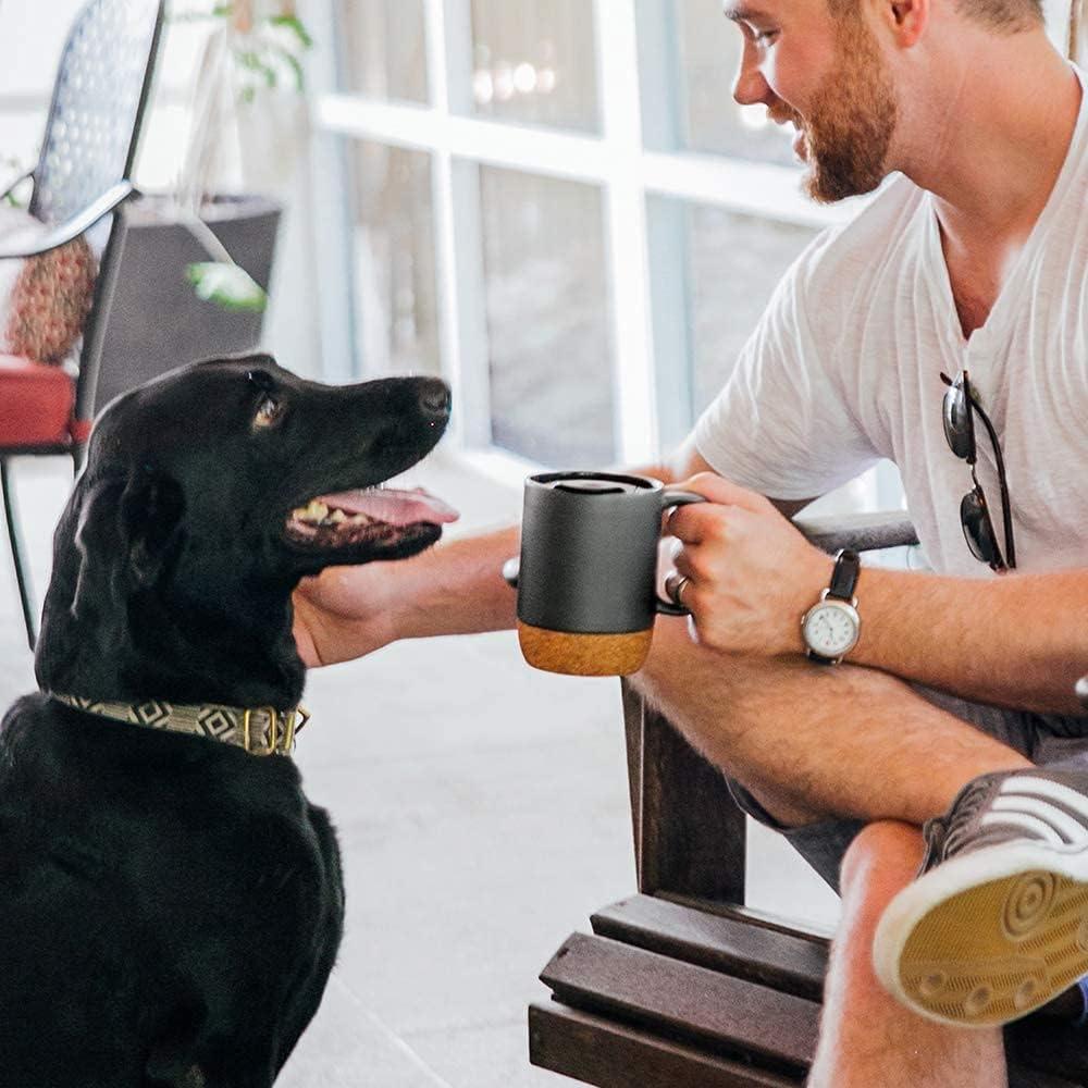 Matte Black Ceramic Coffee Mugs with Cork Bottom and Lid, Set of 2