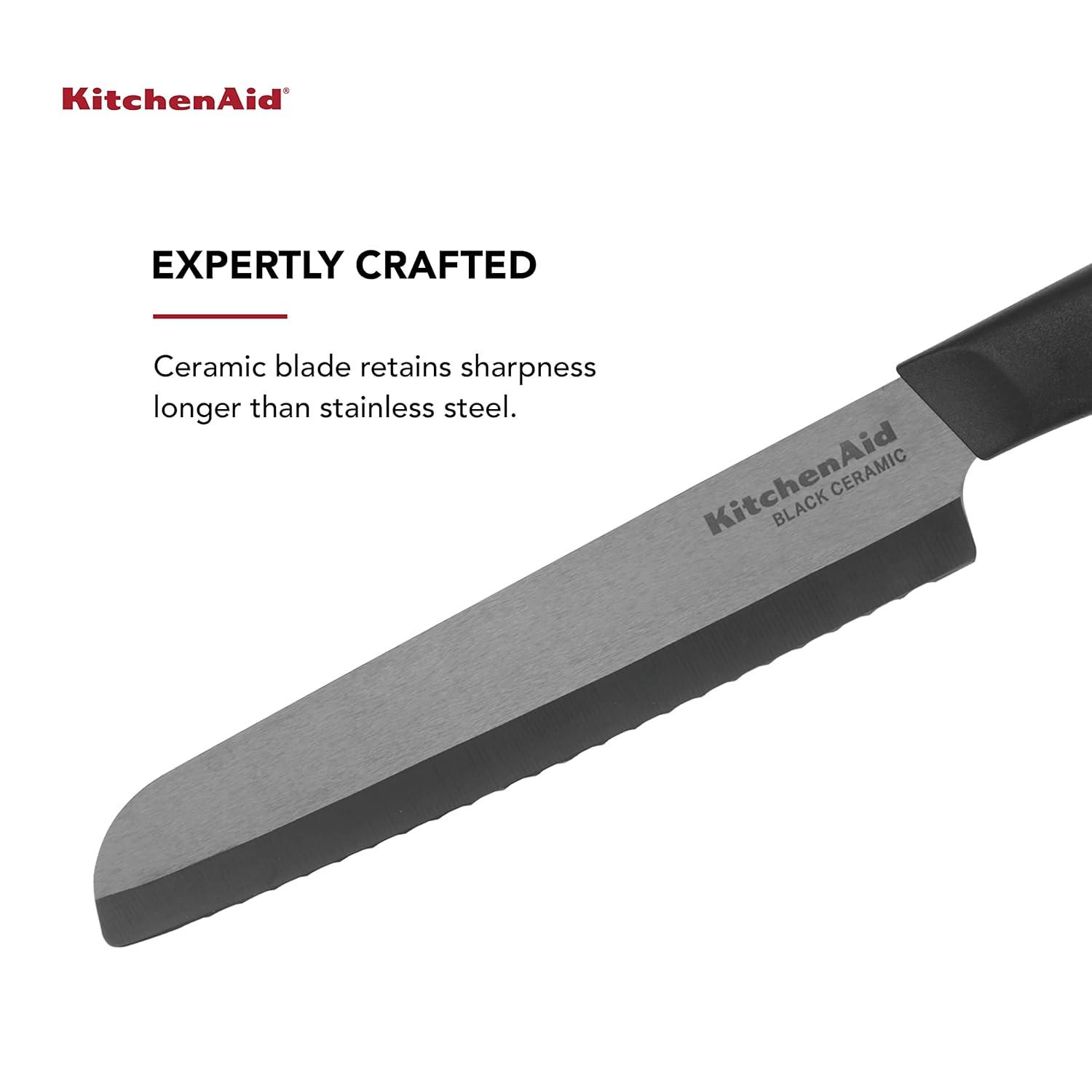 Kitchenaid Classic Ceramic Serrated Bread Knife with Endcap and Blade Cover, 6-inch, Black