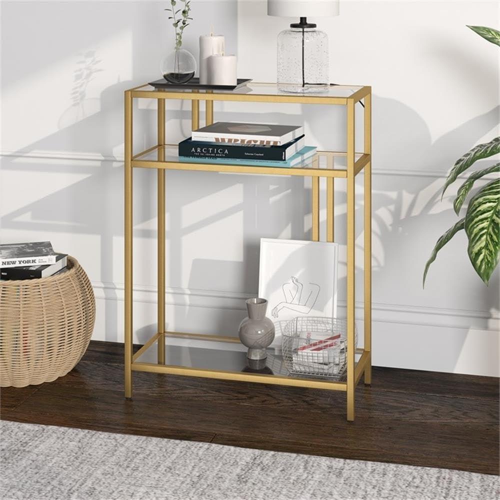 Evelyn&Zoe Cortland 22" Wide Rectangular Console Table with Glass Shelves, Brass