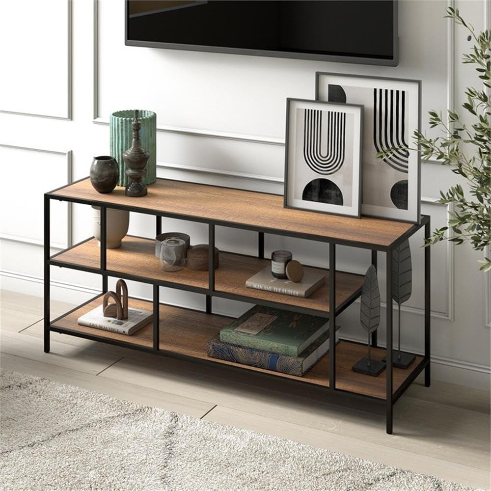 Evelyn&Zoe Winthrop Rectangular TV Stand with Metal Shelves for TV's up to 60", Blackened Bronze/Rustic Oak