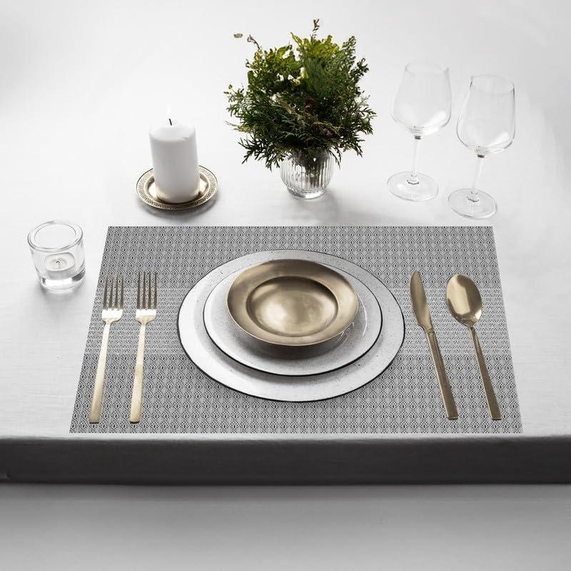 Milan Silver Woven Vinyl Reversible 12x18 Placemats Set of 6