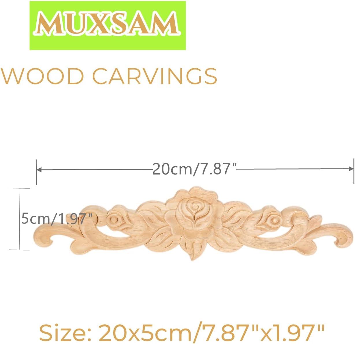 MUXSAM 4Pcs Rose Wood Carved Onlays Decorative Appliques, Unpainted Long Center Carving Decal for Door Wall Ceiling Cabinet Dresser Mirror Bed Mantel Bench Fireplace Decor, 20x5cm/7.87"x1.97"