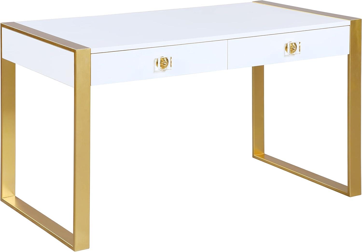 Meridian Furniture 427-T Victoria Collection Modern | Contemporary White Lacquer Desk | Console Table with Brushed Gold Base & Acrylic Handles