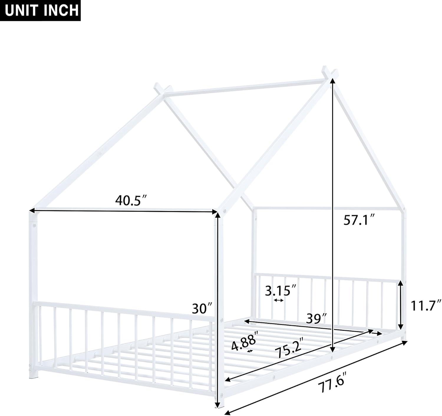Gewnee Twin Size House Bed with Roof and Fence,Metal Montessori Platform Bed for Toddle and Kids,White