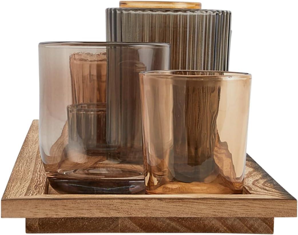 Brown Wood Tray with 9 Glass Votive Holders