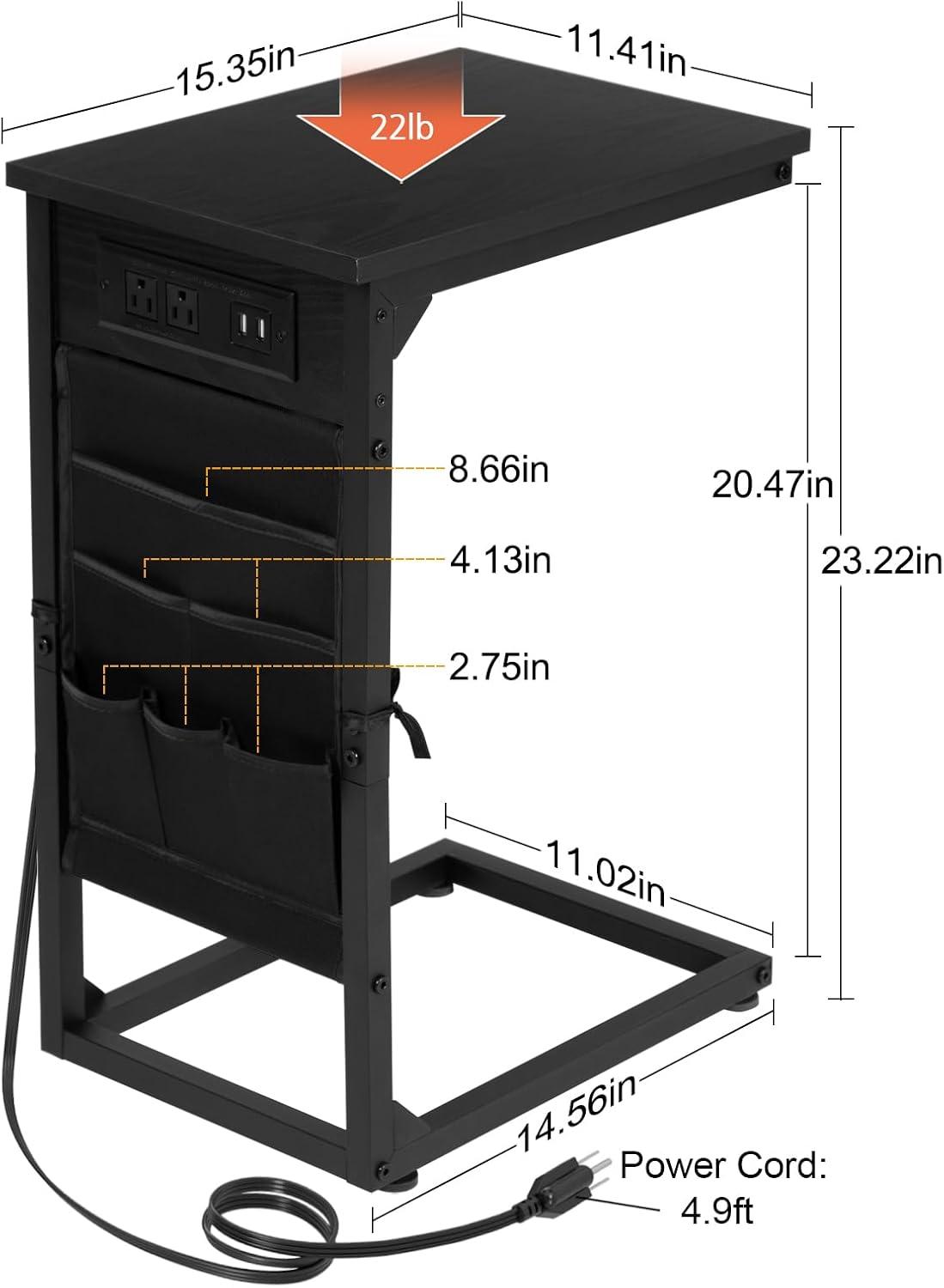 C Shaped End Table with Charging Station, Side Table for Sofa, Couch Table with Storage Bag, Set of 2, TV Tray Table with 2 USB Ports and Outlets for Living Room, Bedroom, Black