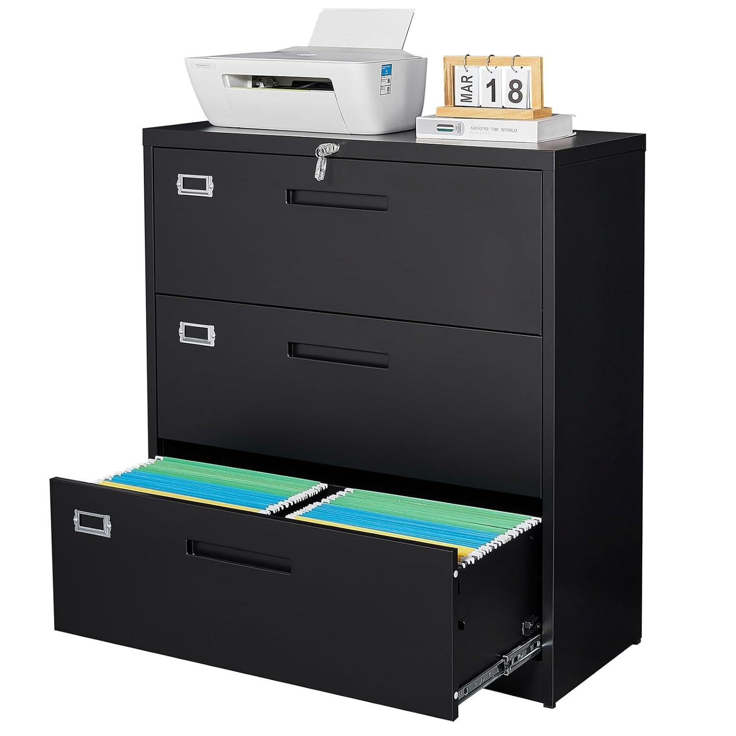 3 Drawer File Cabinet with Lock,Under Desk File Cabinet with Wheels,Black Rolling File Cabinet,Three Drawer Metal Filing Cabinet for Home Office,Fit A4/Letter/Legal File,Fully Assembled Except Casters