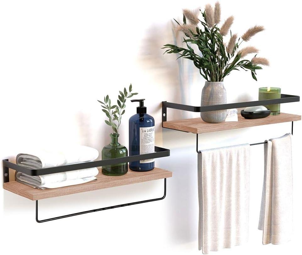 Natural Wood Floating Shelves with Metal Rail, Set of 2