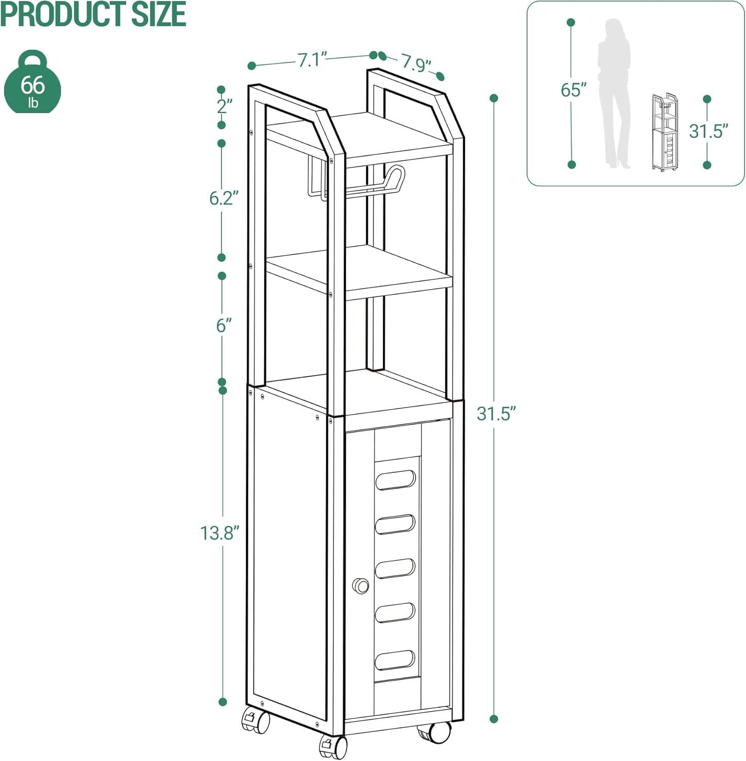 Black Compact Bathroom Storage Cabinet with Adjustable Shelf and Wheels