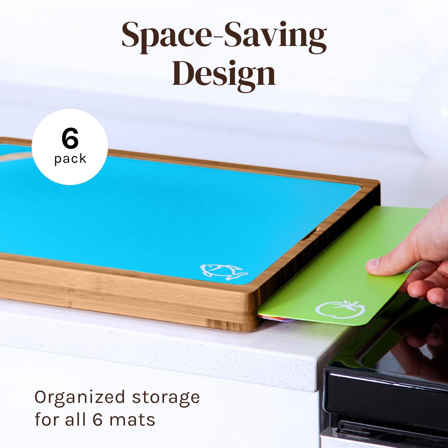 Tabla de Cortar de Madera de Bambú Fácil de Limpiar con Juego de 6 Tapetes de Corte Flexibles Codificados por Colores con Iconos de Comida - Juego de Tabla de Cortar