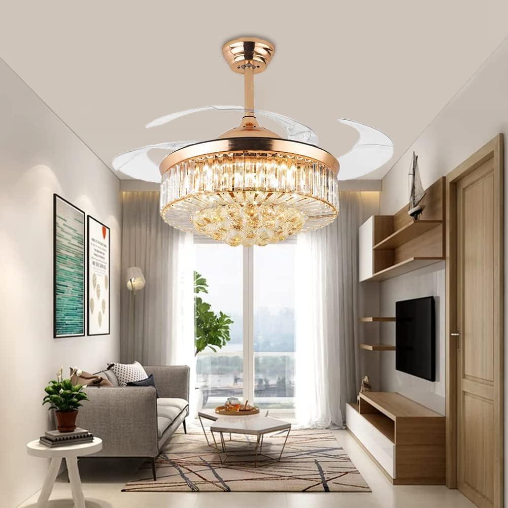 HOOMEDELIER 42" Chandelier Ceiling Fan with Remote, Crystal Beads Framed Fan with 4 Retractable Blades Smart Indoor Fandelier Fan