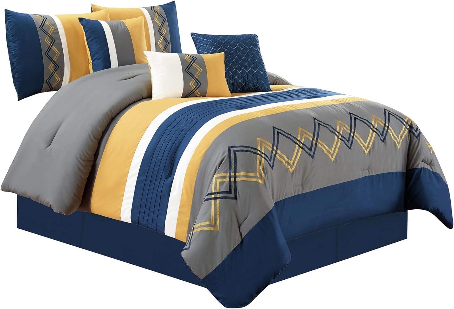 Oversized King Navy and Gray Microfiber Zigzag Comforter Set