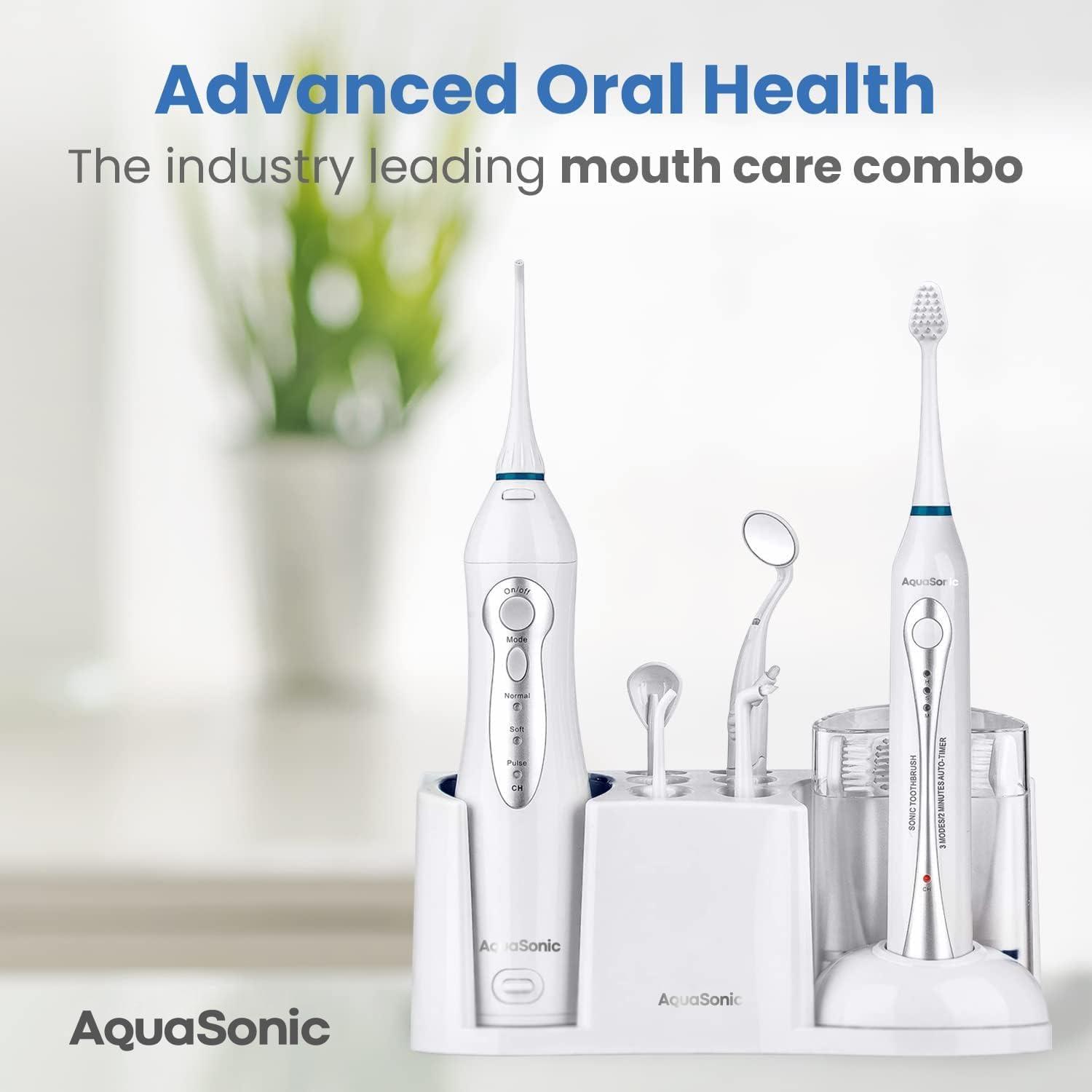 Aquasonic Home Dental Center - Electric Sonic Toothbrush & Smart Water Flosser Combo, 3 Cleaning Modes, Inductive Charging, Auto Timer, Complete Oral Care Kit for Family (White)