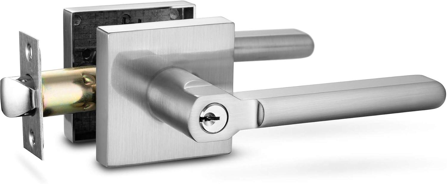 Satin Nickel Entry Lever Door Handle and Deadbolt Lock Set