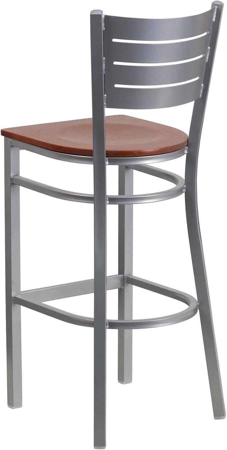 Sleek Silver Metal and Mahogany Wood Slat Back Barstool