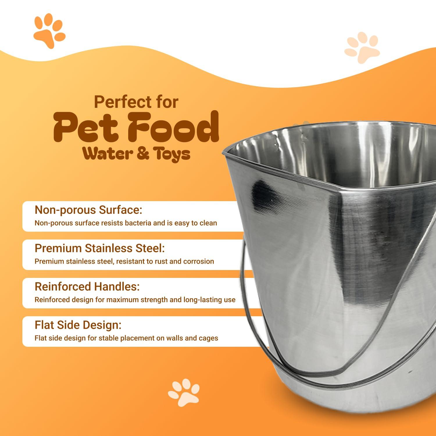 13 Quart Heavy Duty Stainless Steel Flat Side Bucket | Durable Food & Water Pail for Dogs, Cats, Kennels, Cages and Critter Crates | Multi-Purpose Bucket