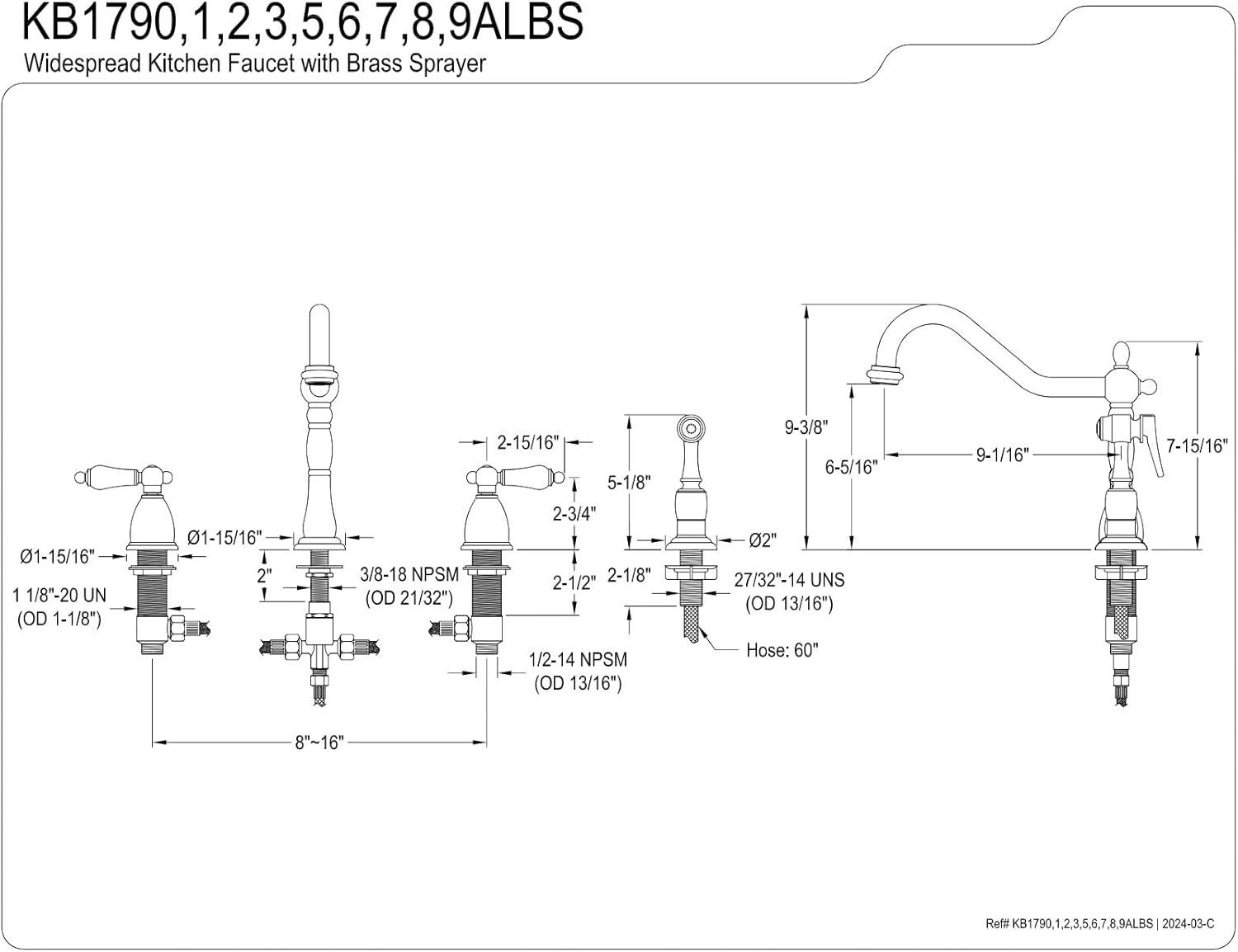 Kingston Brass Kb179.Albs Heritage 1.8 GPM Widespread Kitchen Faucet - Brass