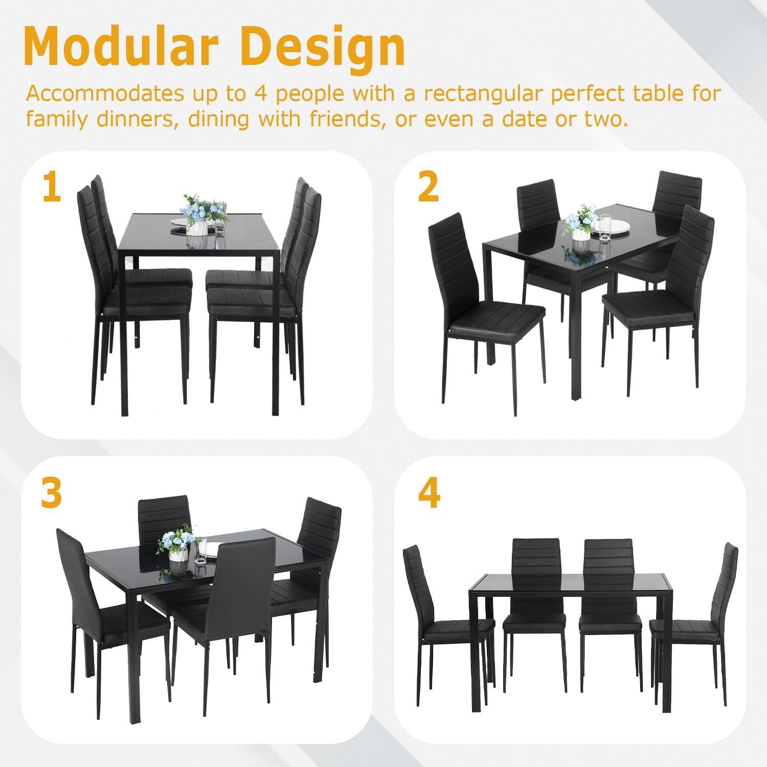 Hekimhan 5-Piece Kitchen Dining Table Set w/ Glass Tabletop, 4 Faux Leather Chairs