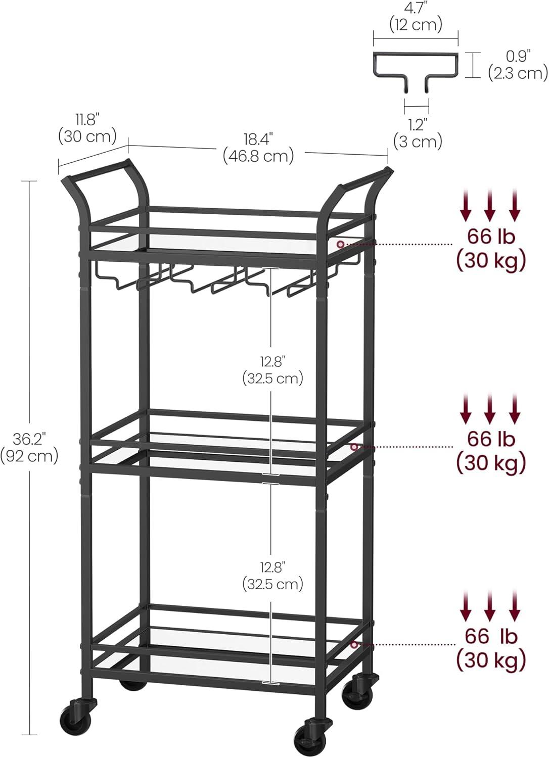 Ink Black 3-Tier Steel and Glass Bar Cart with Storage