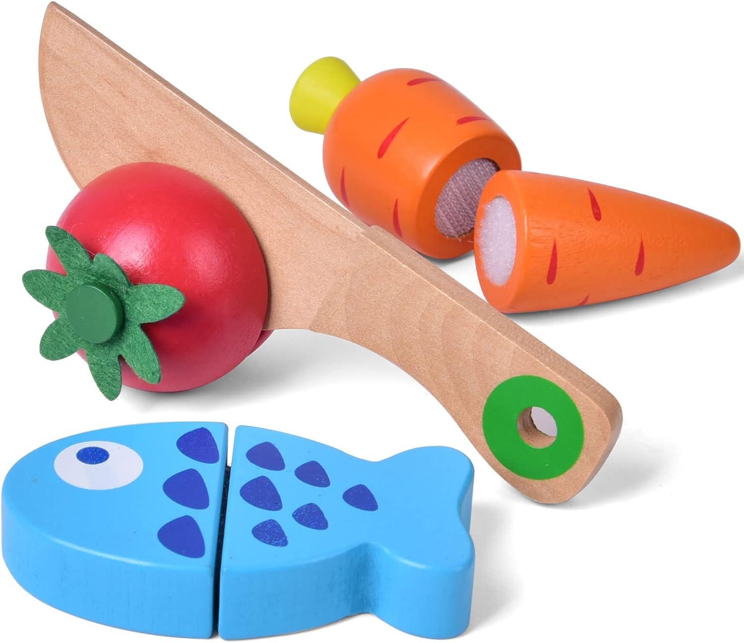 Fun Little Toys Wooden Vegetable Chopper Set – Pretend Play Food Cutting Toy for Kids, Montessori Kitchen Playset