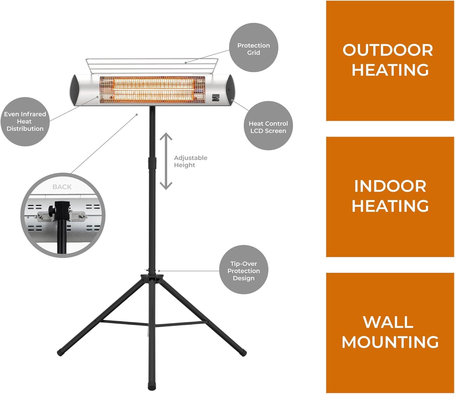 Kenmore Carbon Infrared 1500W Electric Patio Heater with Tripod & Remote Silver: Indoor/Outdoor Use, 130 Sq Ft Coverage